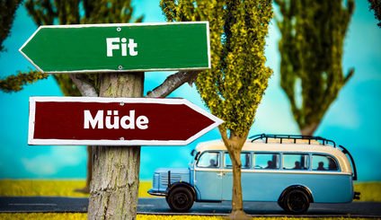 Schilder Fit Müde an Baum vor altem Wohnmobil