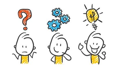 3 Strichfiguren machen sich Gedanken Fragezeichen Zahnräder Idee