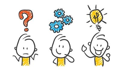 3 Strichfiguren machen sich Gedanken Fragezeichen Zahnräder Idee